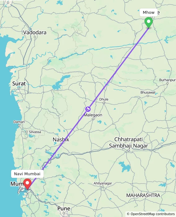 Route map showing distance and travel time from Mhow, India to Navi Mumbai, India
