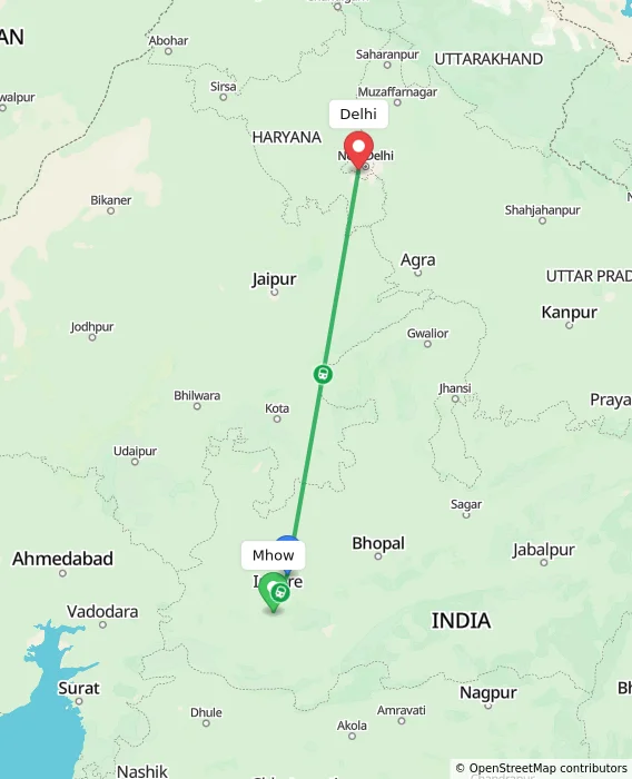Route map showing distance and travel time from Mhow, India to Delhi, India