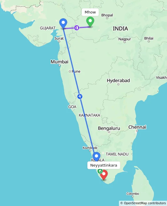 Route map showing distance and travel time from Mhow, India to Neyyattinkara, India