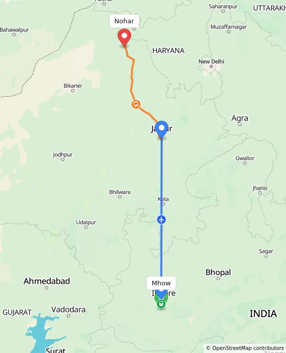 Route map showing distance and travel time from Mhow, India to Nohar, India