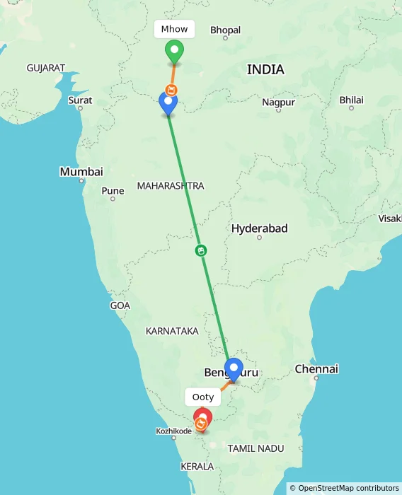 Route map showing distance and travel time from Mhow, India to Ooty, India