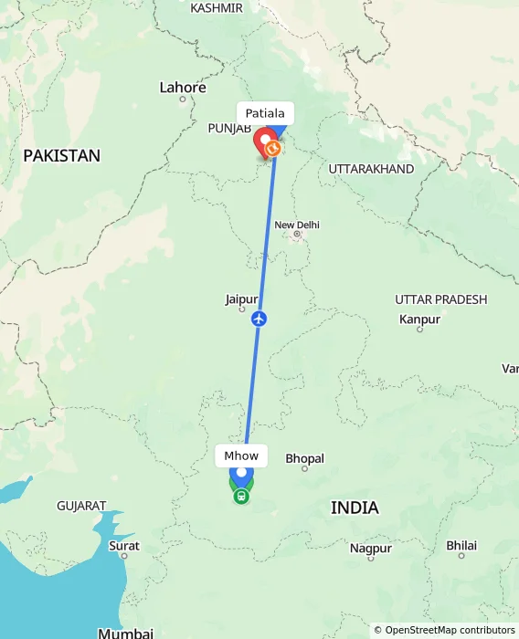 Route map showing distance and travel time from Mhow, India to Patiala, India