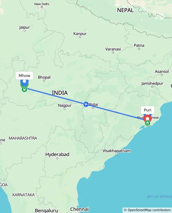 Route map showing distance and travel time from Mhow, India to Puri, India