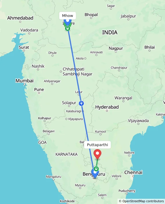 Route map showing distance and travel time from Mhow, India to Puttaparthi, India