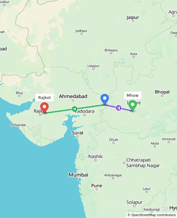 Route map showing distance and travel time from Mhow, India to Rajkot, India