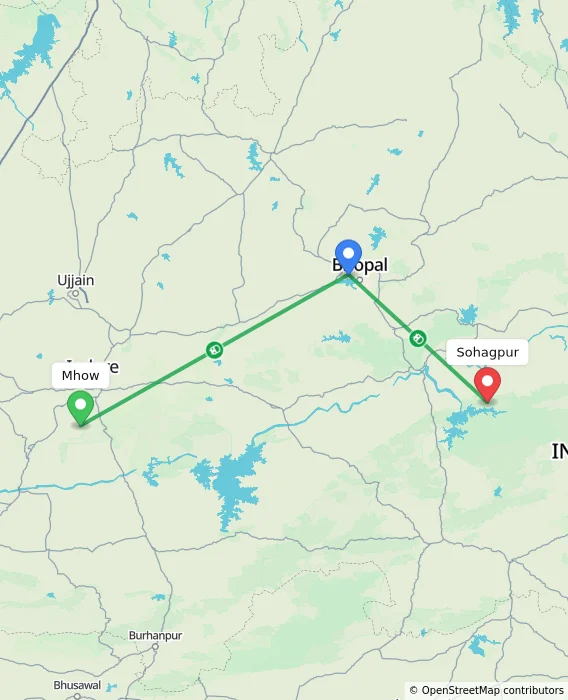 Route map showing distance and travel time from Mhow, India to Sohagpur, India
