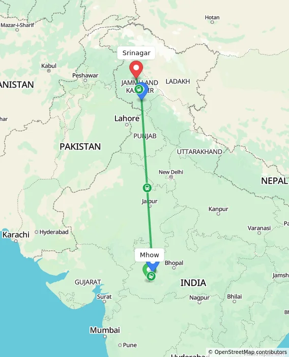 Route map showing distance and travel time from Mhow, India to Srinagar, India