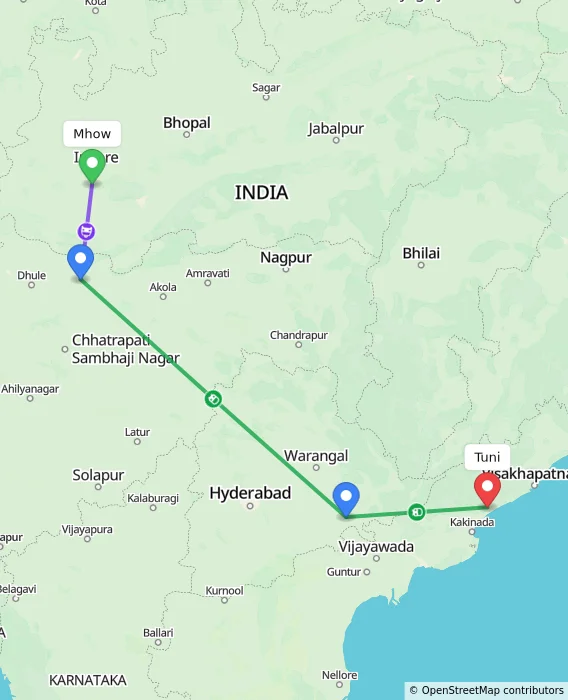 Route map showing distance and travel time from Mhow, India to Tuni, India