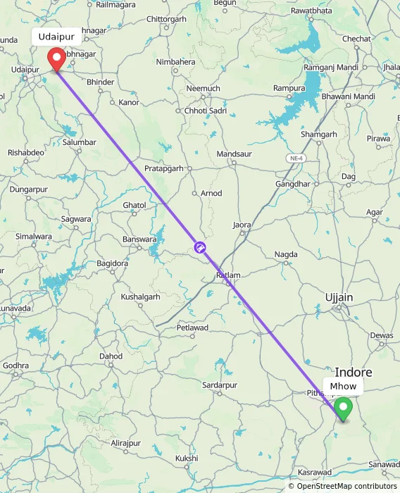 Route map showing distance and travel time from Mhow, India to Udaipur, India