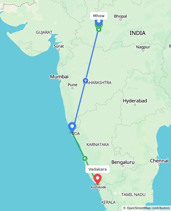 Route map showing distance and travel time from Mhow, India to Vadakara, India