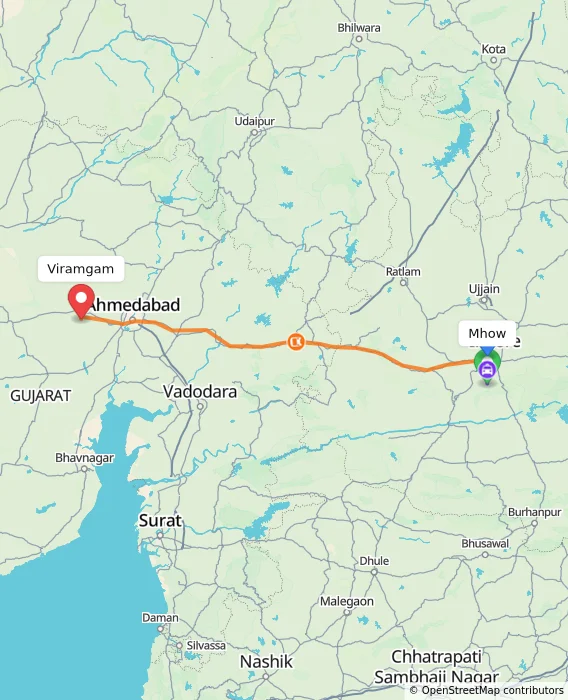 Route map showing distance and travel time from Mhow, India to Viramgam, India