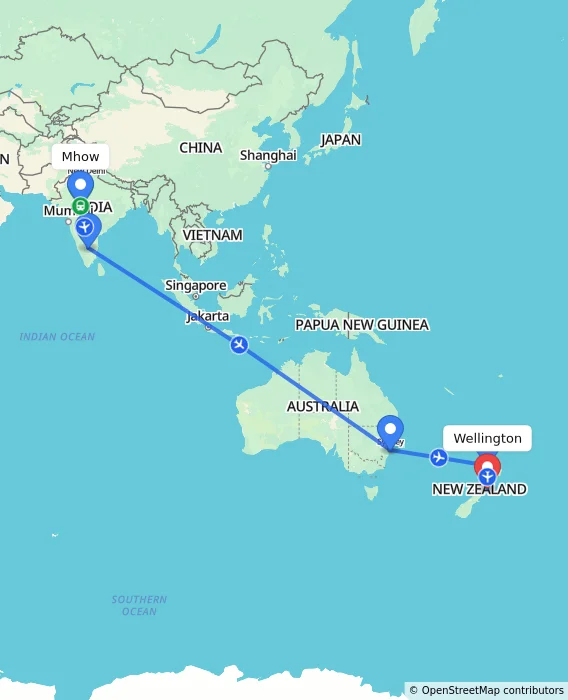 Route map showing distance and travel time from Mhow, India to Wellington, New Zealand