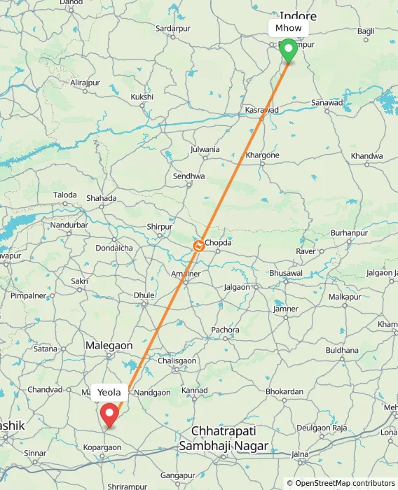 Route map showing distance and travel time from Mhow, India to Yeola, India
