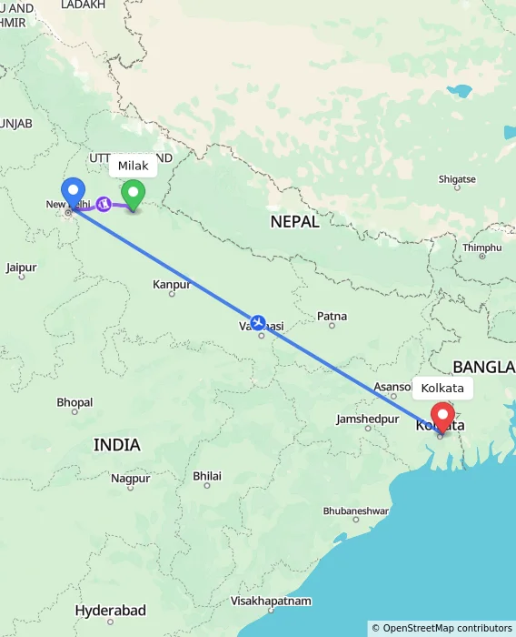 Route map showing distance and travel time from Milak, India to Kolkata, India