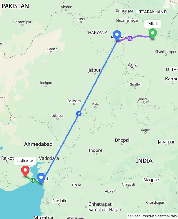Route map showing distance and travel time from Milak, India to Palitana, India