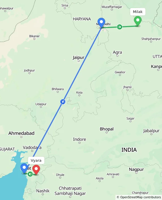Route map showing distance and travel time from Milak, India to Vyara, India