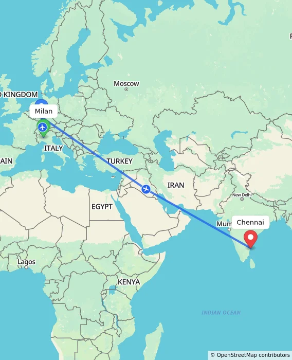 Route map showing distance and travel time from Milan, Italy to Chennai, India