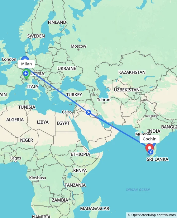 Route map showing distance and travel time from Milan, Italy to Cochin, India