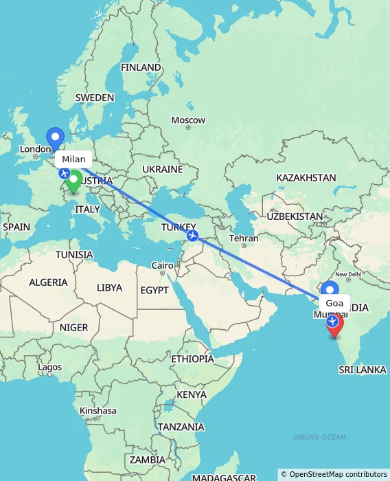 Route map showing distance and travel time from Milan, Italy to Goa, India