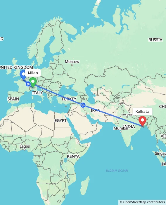 Route map showing distance and travel time from Milan, Italy to Kolkata, India