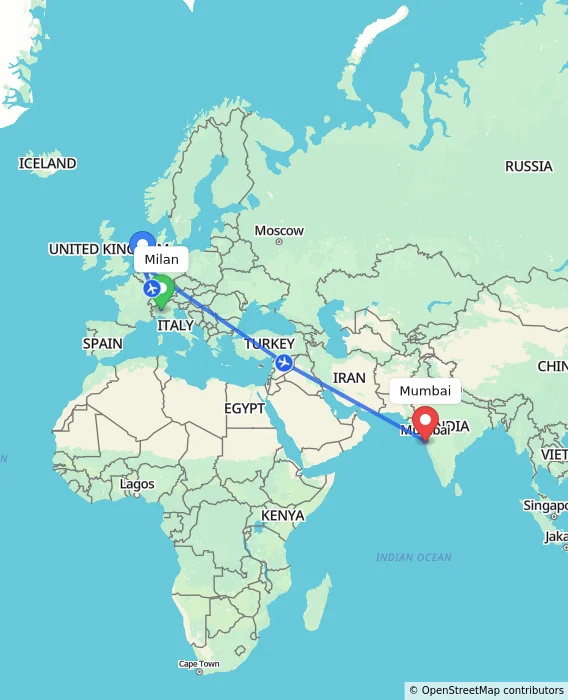 Route map showing distance and travel time from Milan, Italy to Mumbai, India