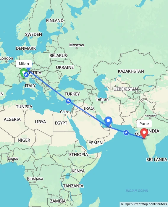 Route map showing distance and travel time from Milan, Italy to Pune, India