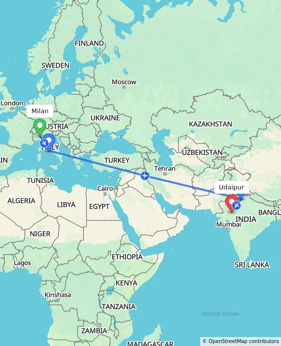 Route map showing distance and travel time from Milan, Italy to Udaipur, India