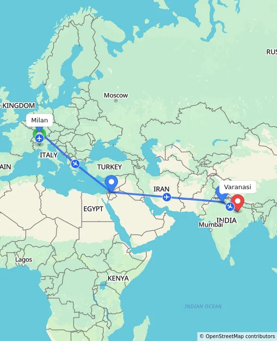 Route map showing distance and travel time from Milan, Italy to Varanasi, India