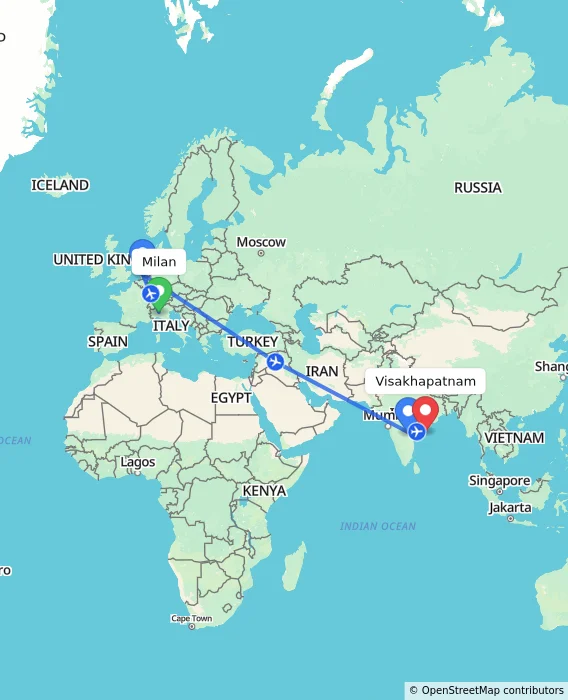 Route map showing distance and travel time from Milan, Italy to Visakhapatnam, India
