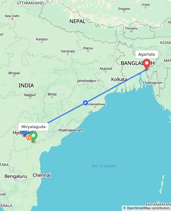 Route map showing distance and travel time from Miryalaguda, India to Agartala, India