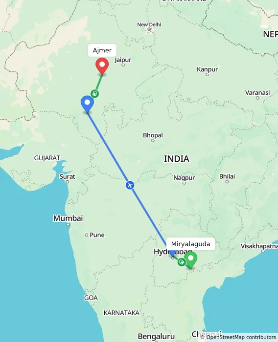 Route map showing distance and travel time from Miryalaguda, India to Ajmer, India