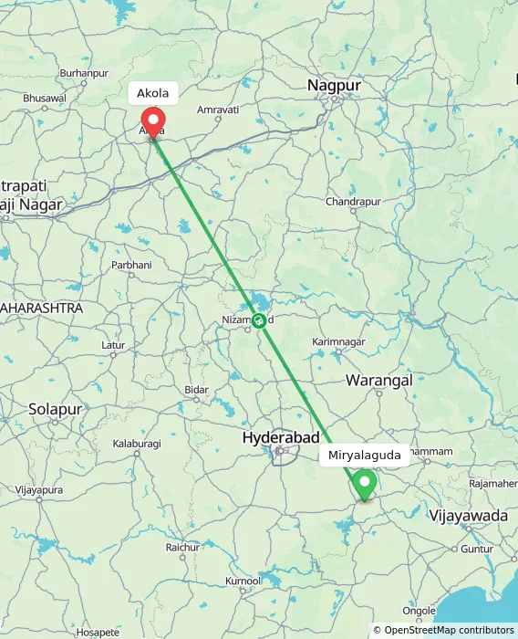 Route map showing distance and travel time from Miryalaguda, India to Akola, India