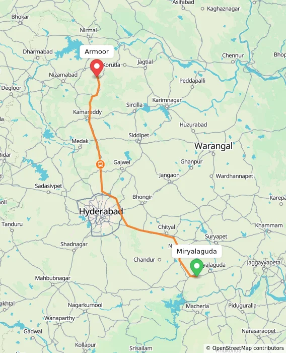 Route map showing distance and travel time from Miryalaguda, India to Armoor, India