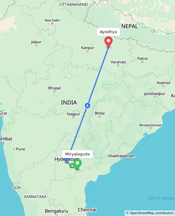 Route map showing distance and travel time from Miryalaguda, India to Ayodhya, India