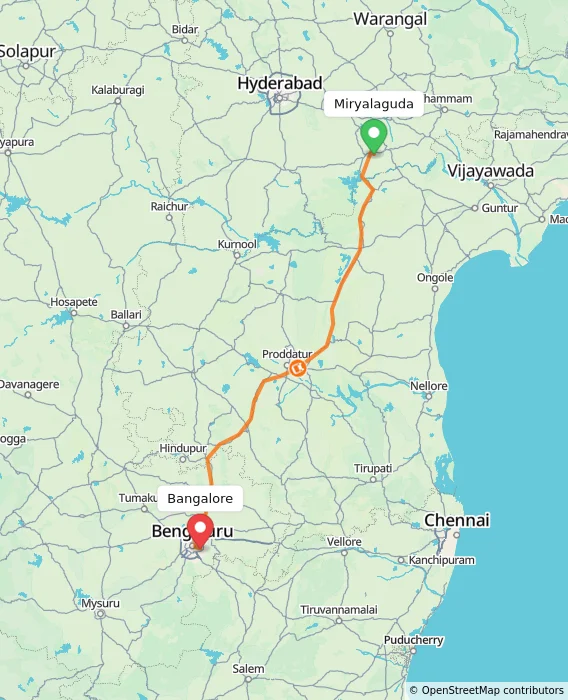Route map showing distance and travel time from Miryalaguda, India to Bangalore, India