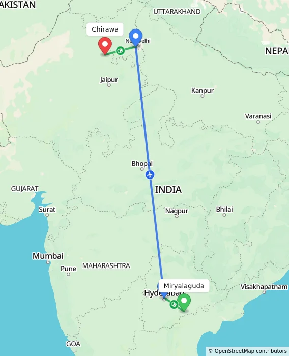 Route map showing distance and travel time from Miryalaguda, India to Chirawa, India