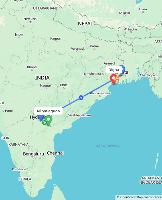 Route map showing distance and travel time from Miryalaguda, India to Digha, India