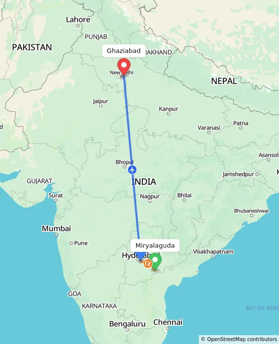 Route map showing distance and travel time from Miryalaguda, India to Ghaziabad, India