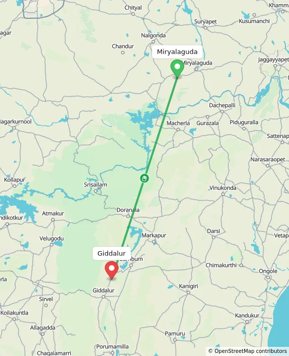 Route map showing distance and travel time from Miryalaguda, India to Giddalur, India