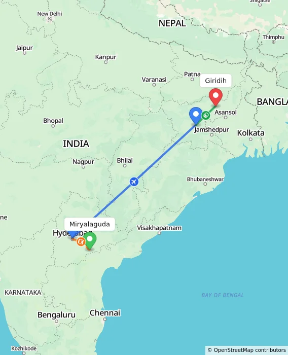 Route map showing distance and travel time from Miryalaguda, India to Giridih, India