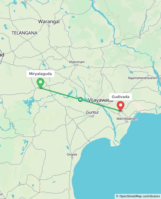 Route map showing distance and travel time from Miryalaguda, India to Gudivada, India