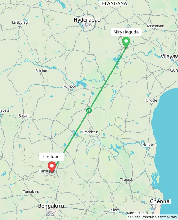 Route map showing distance and travel time from Miryalaguda, India to Hindupur, India