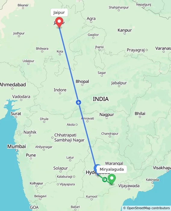 Route map showing distance and travel time from Miryalaguda, India to Jaipur, India
