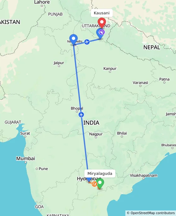 Route map showing distance and travel time from Miryalaguda, India to Kausani, India