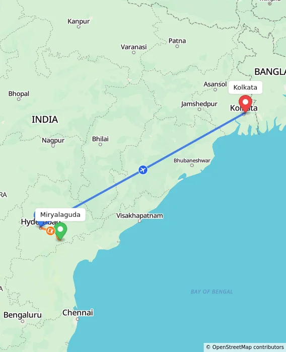 Route map showing distance and travel time from Miryalaguda, India to Kolkata, India