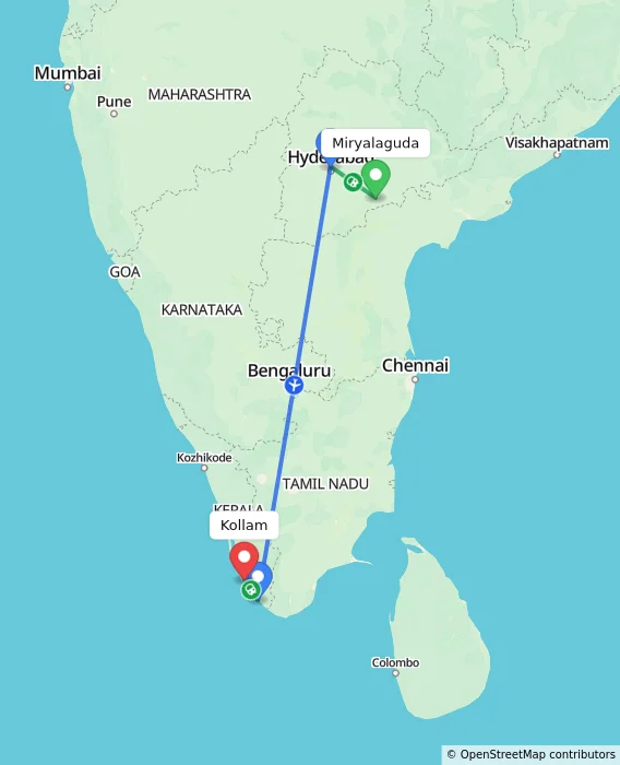 Route map showing distance and travel time from Miryalaguda, India to Kollam, India