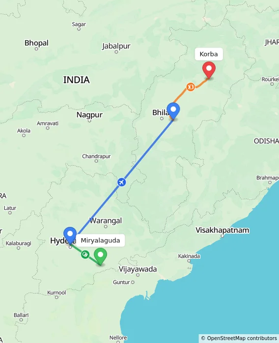 Route map showing distance and travel time from Miryalaguda, India to Korba, India