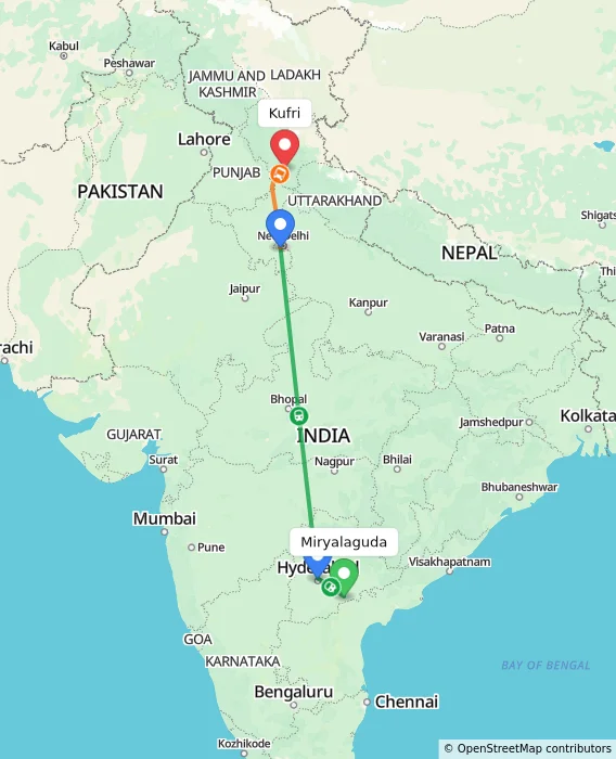Route map showing distance and travel time from Miryalaguda, India to Kufri, India