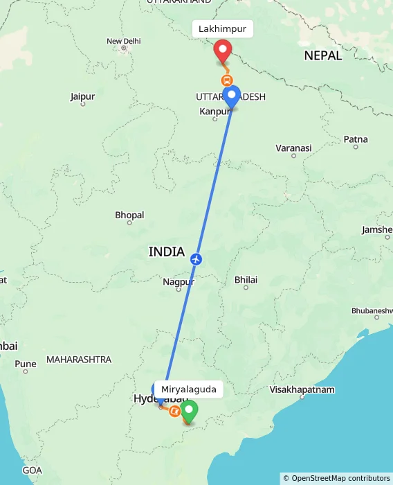 Route map showing distance and travel time from Miryalaguda, India to Lakhimpur, India