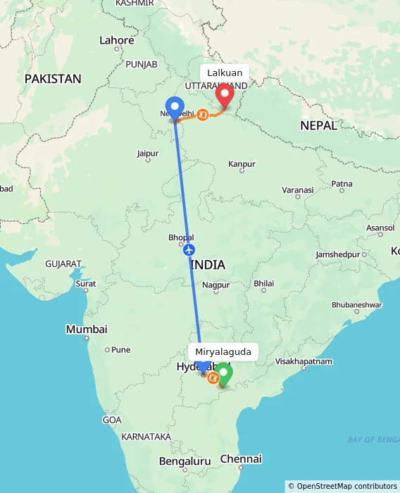 Route map showing distance and travel time from Miryalaguda, India to Lalkuan, India